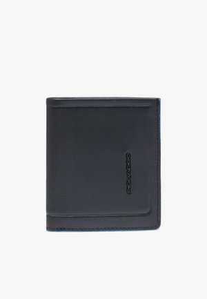 Black leather wallet with a smooth texture, featuring a subtle embossed logo and blue interior accents, designed in a bi-fold format.