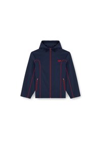 Granatowa kurtka z kapturem, czerwoną nicią wzdłuż szwów oraz dwoma zamykanymi na zamek kieszeniami po bokach. Posiada zamek błyskawiczny z przodu i logo na klatce piersiowej.