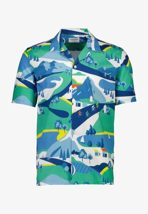 Korte mouwen knoopshirt met een kleurrijk landschapspatroon en blauwe, groene en gele accenten, gemaakt van lichtgewicht stof.