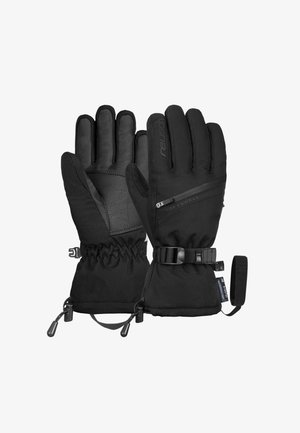 Guanti invernali neri realizzati in softshell e pelle, con una tasca con zip, cinturino regolabile al polso e polsini stretti per garantire calore.