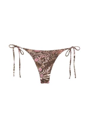 Brown and pink floral and animal print bikini bottom with side tie strings on a white background.