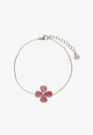 Pulsera de cadena de plata con un diseño de flor de cinco pétalos, piedras facetadas en tono rosa y un cierre de langosta, con longitud ajustable gracias a un extensor de cadena.