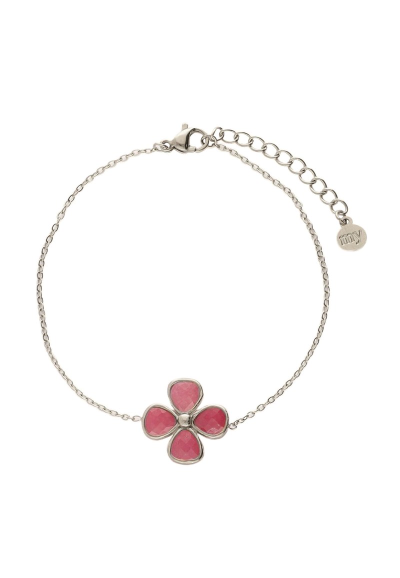 Pulsera de cadena de plata con un diseño de flor de cinco pétalos, piedras facetadas en tono rosa y un cierre de langosta, con longitud ajustable gracias a un extensor de cadena.