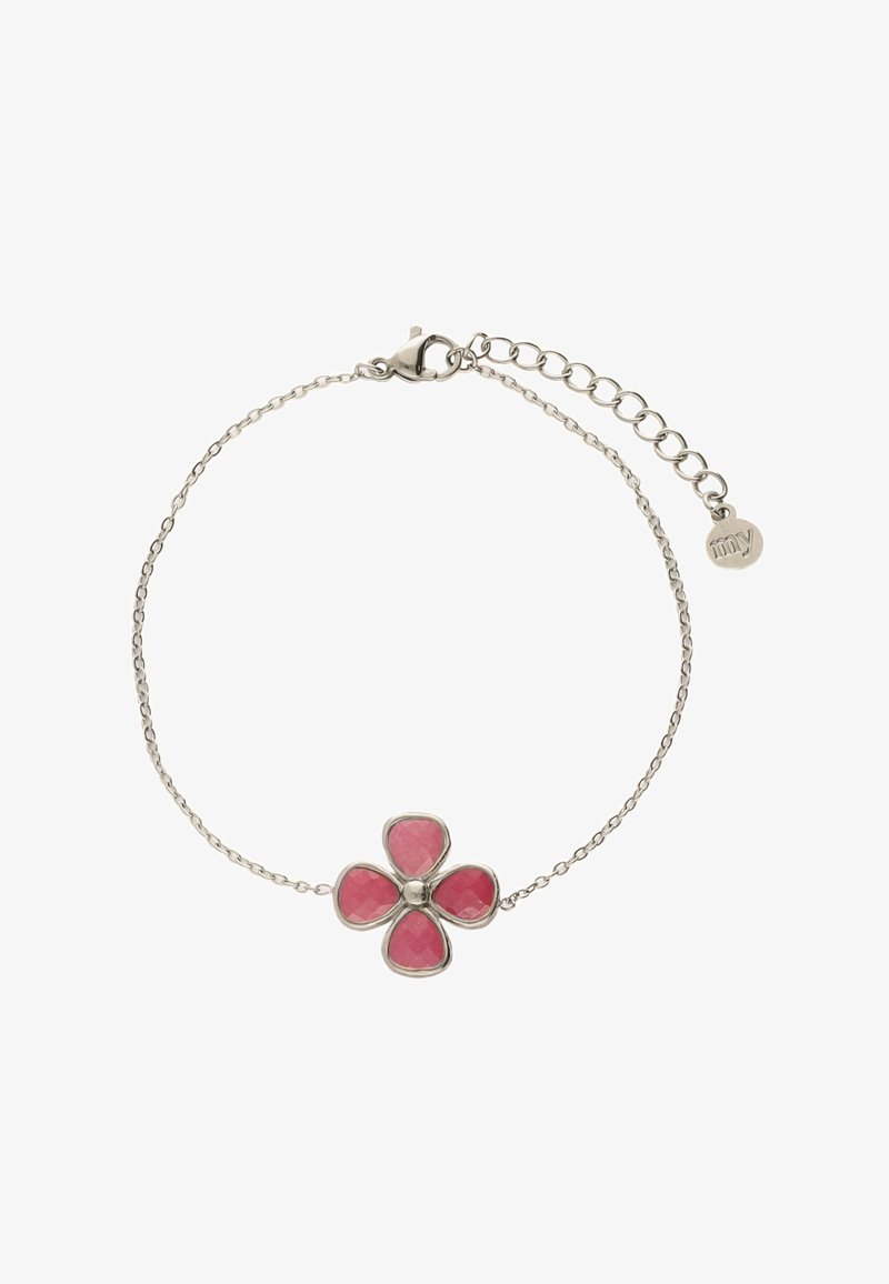 Pulsera de cadena de plata con un diseño de flor de cinco pétalos, piedras facetadas en tono rosa y un cierre de langosta, con longitud ajustable gracias a un extensor de cadena.