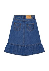 Farkkuhame, jossa on liehuva, röyhelöreunainen helma, kaksi takataskua V-kirjaimen muotoisella tikkauksella sekä ruskea nahkalappu vyötäröllä.