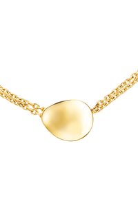 Collier en métal doré avec un pendentif lisse en forme irrégulière et une chaîne à maillons doubles. Fini brillant, réfléchissant la lumière.