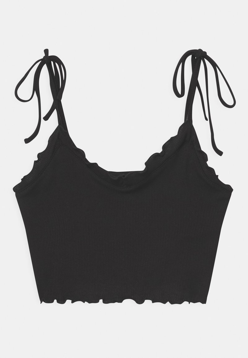Black ribbed crop top featuring adjustable ties at the shoulders and a scalloped hem. The material has a soft, textured finish.