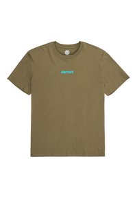 Camiseta de algodón verde oliva con mangas cortas. Presenta un logo azul de "element" en el pecho. Diseño simple y de corte recto.