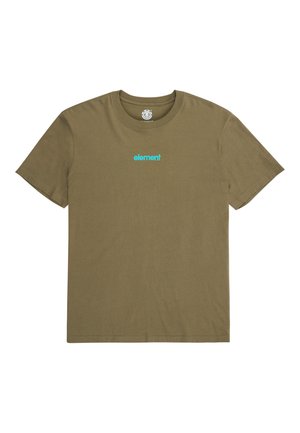 Olive green cotton t-shirt with short sleeves. Features a blue "element" logo on the chest. Simple, straight cut design.