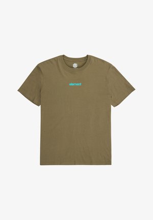 Olive green cotton t-shirt with short sleeves. Features a blue "element" logo on the chest. Simple, straight cut design.