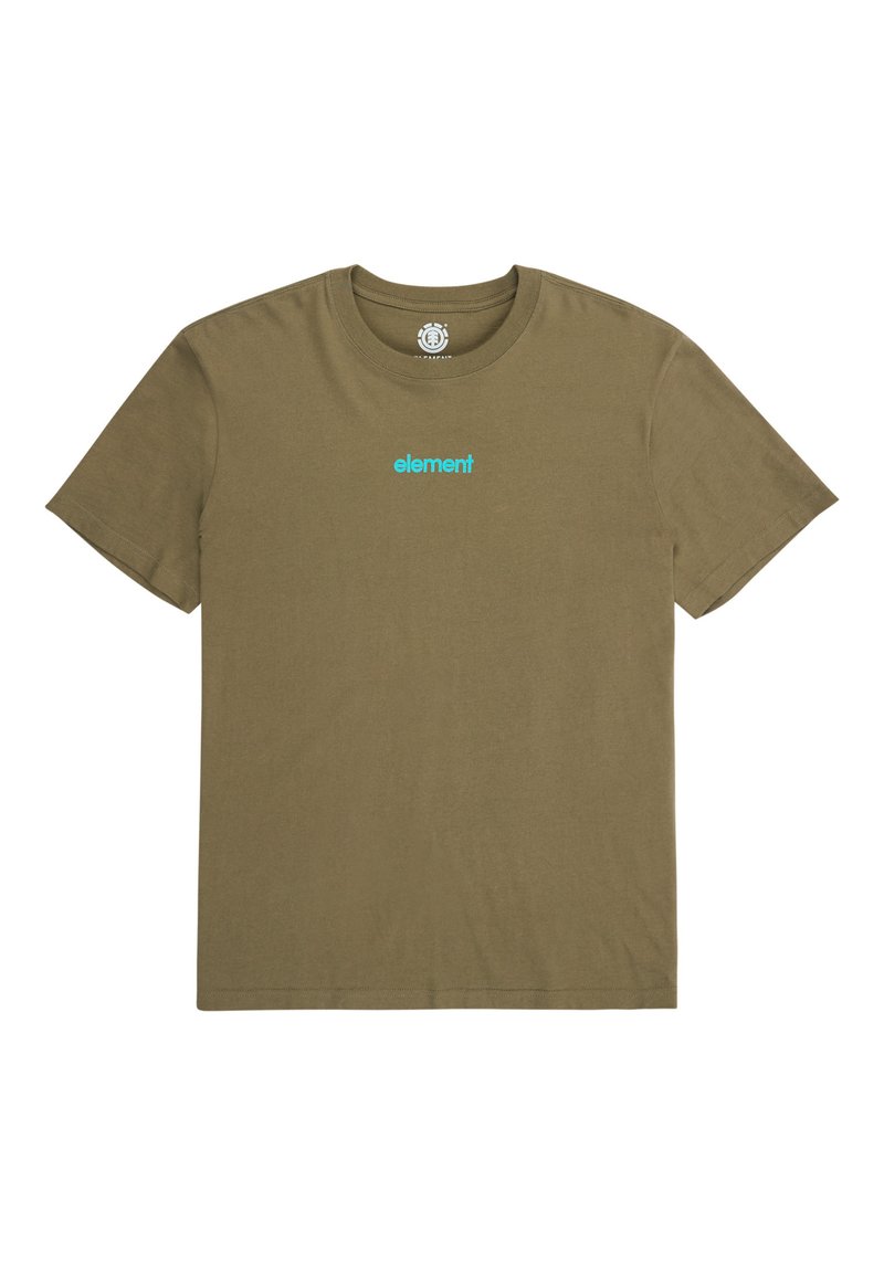Camiseta de algodón verde oliva con mangas cortas. Presenta un logo azul de "element" en el pecho. Diseño simple y de corte recto.