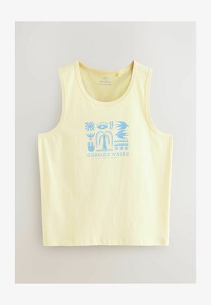 Canotta di cotone gialla con un design grafico blu che presenta varie forme e motivi. Vestibilità regolare, scollo rotondo e senza maniche.