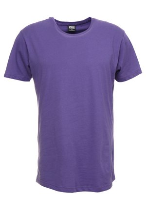 Tricou scurt cu mâneci din bumbac moale, de culoare mov, având un guler clasic rotund și o textură netedă fără modele sau accente.
