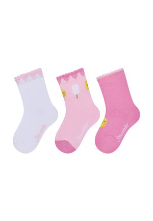 Three pairs of ankle socks: white, light pink with a popsicle pattern, and darker pink. Each has a scalloped top edge. Soft texture.