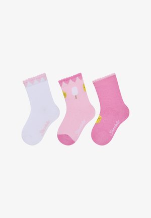 Drei Paar Knöchelsocken: Weiß, hellrosa mit einem Eis am Stiel Muster und dunkelrosa. Jede hat einen wellenförmigen oberen Rand. Weiche Textur.
