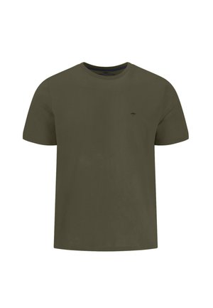 Prosty oliwkowozielony T-shirt z krótkim rękawem i okrągłym dekoltem, z małym ciemnym haftowanym logo na lewej piersi.