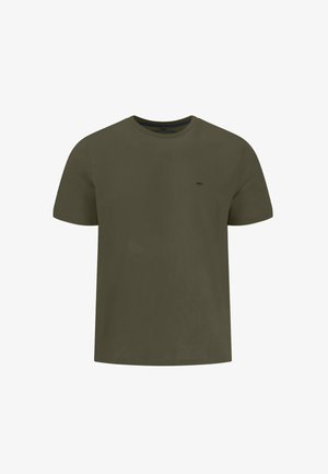 Prosty oliwkowozielony T-shirt z krótkim rękawem i okrągłym dekoltem, z małym ciemnym haftowanym logo na lewej piersi.