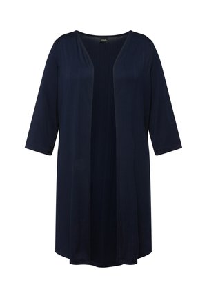 Cardigan de style kimono en bleu marine avec des manches trois-quarts, à ouverture frontale et d'une texture lisse. Présente des détails à ribbing vertical sur l'ensemble.
