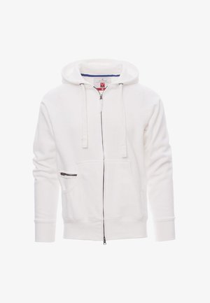 Felpa bianca con zip frontale, cappuccio regolabile con coulisse, tasche laterali e dettaglio della cerniera a contrasto. Tessuto morbido con una texture liscia.