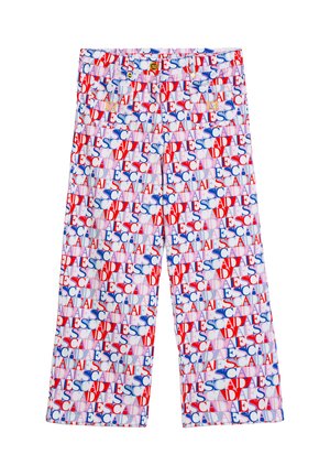 Weiße kurze Hosen mit mehrfarbigem überlappendem "ESCADA"-Schriftzug in Rot, Blau und Lila, mit Knopf- und Reißverschluss.