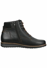 Bottines en cuir noir avec une finition texturée, fermeture à lacets à l'avant et fermeture éclair sur le côté. Présente des coutures marron et une semelle en caoutchouc pour une meilleure adhérence.