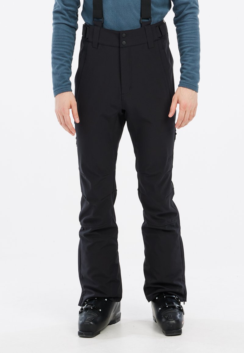 Pantaloni da sci neri impermeabili con bretelle regolabili, vita alta e design a gamba dritta. Presentano tasche e un tessuto resistente.