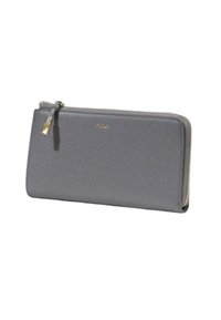 Portafoglio in pelle grigia con finitura testurizzata, hardware della cerniera dorato e un logo goffrato discreto sulla parte anteriore. Presenta una forma rettangolare elegante.