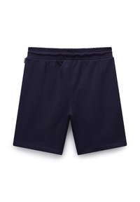 Shorts en coton bleu marine avec une taille élastique, longueur genou, texture lisse, et sans motifs ni accents visibles.