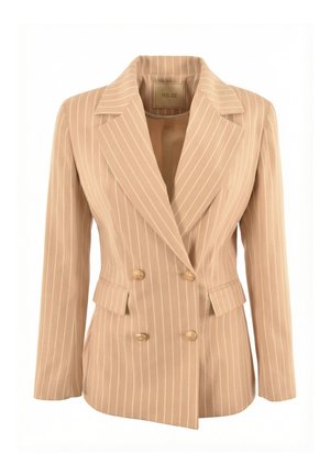 Blazer de doble botonadura con rayas finas beige, solapas, botones dorados, dos bolsillos frontales y corte estructurado.