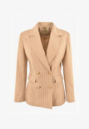 Blazer de doble botonadura con rayas finas beige, solapas, botones dorados, dos bolsillos frontales y corte estructurado.