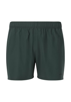 Groene sportshorts gemaakt van gladde, lichte stof. Voorzien van een elastische tailleband en zonder zichtbare zakken of versieringen.