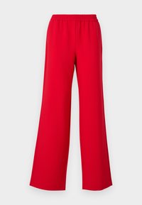 Pantalons larges rouges avec une taille élastique, fabriqués à partir d'un matériau léger et lisse. Le design ne présente aucun détail métallique visible ni motif.
