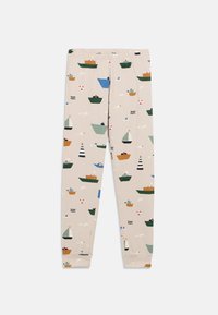 Μπεζ κολάν με παιχνιδιάρικο ναυτικό σχέδιο που περιλαμβάνει διάφορα πλοία, πανιά και φάροι σε πράσινες, μπλε, πορτοκαλί και κόκκινες αποχρώσεις.