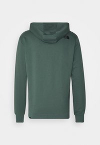 Felpa con cappuccio di colore verde scuro. Realizzata in materiale morbido con una trama liscia. Presenta un logo sul retro, polsini a coste e orlo.