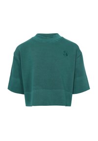 Turquoise geknipte sweatshirt met een hoge halslijn, losse korte mouwen en subtiele bloemenborduring aan de linkerkant. Gladde, zachte textuur.