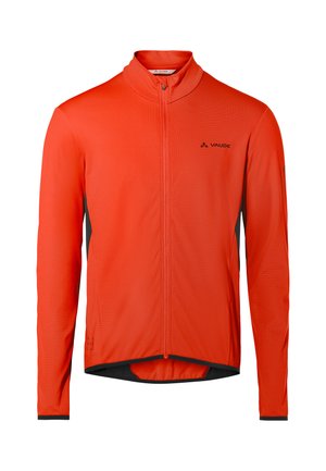Giacca da ciclismo a maniche lunghe di colore arancione brillante con cerniera frontale completa, collo alto e logo VAUDE sul petto a sinistra.