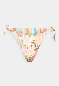 Bikiniunderdel med ett tropiskt blommönster i pastellfärger, med justerbara remmar på sidorna och en rynkad midja.