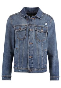 Modrá džínová bunda s klasickým designem, vybavená dvěma předními kapsami, zapínáním na knoflíky a opotřebovanými detaily. Texturovaná látka, dlouhé rukávy.