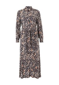 Sukienka z długim rękawem w wzór leopardzi, z guzikami z przodu, paskiem w talii oraz zwiewnym materiałem w odcieniach granatu, brązu i kremu.