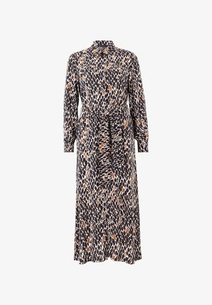 Abito a maniche lunghe con motivo leopardato, caratterizzato da una chiusura con bottoni, vita con cintura e tessuto leggero nelle tonalità di blu marino, marrone e crema.