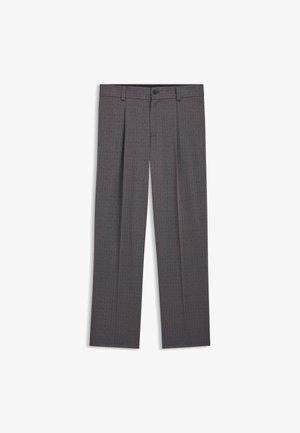 Grau gemusterte Hose mit strukturierter Stoffqualität, geradem Bein, zwei vorderen Abnähern und Knopfverschluss in der Taille.