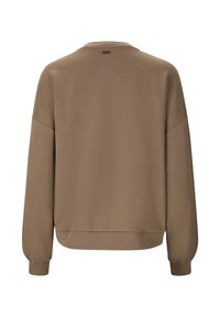 Brauner Pullover mit langen, leicht puffigen Ärmeln, gerippten Bündchen und runder Halslinie. Hat eine dezente Textur.