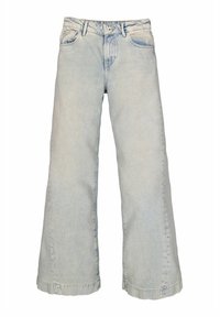 Jeans de pierna ancha de color azul claro, confeccionados en denim, con una cintura alta, grandes bolsillos y un dobladillo desflecado para agregar textura.
