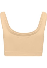 Top corto de color beige claro con un escote amplio y tirantes gruesos; hecho de una tela suave y elástica con un diseño ajustado y sin costuras.