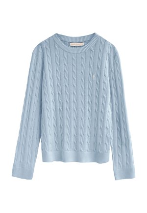 Maglione a maniche lunghe in maglia a trecce di colore azzurro chiaro con scollo rotondo e piccolo logo ricamato sul petto a sinistra.