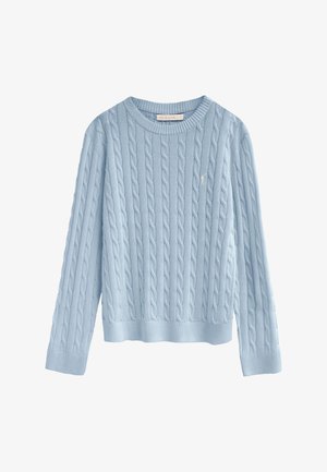 Maglione a maniche lunghe in maglia a trecce di colore azzurro chiaro con scollo rotondo e piccolo logo ricamato sul petto a sinistra.
