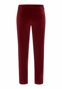 Burgunderfarbene Cordhosen mit Slim Fit, flacher Vorderseite, zwei Gesäßtaschen und subtiler Textur. Mit Gürtelschlaufen und genähtem Saum.