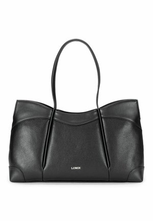 Sac cabas en cuir noir texturé avec garniture en cuir lisse et doubles poignées épaules, avec un petit logo de marque centré.