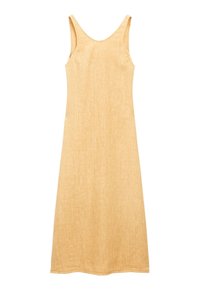 Robe longue en lin beige sans manches avec de larges bretelles et un ourlet légèrement évasé, présentée sur fond blanc.
