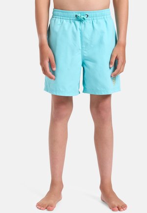 Niño con pantalones cortos de baño sueltos de color azul claro con cintura de cordón y pequeño gráfico en la pierna derecha, de pie descalzo contra un fondo blanco.